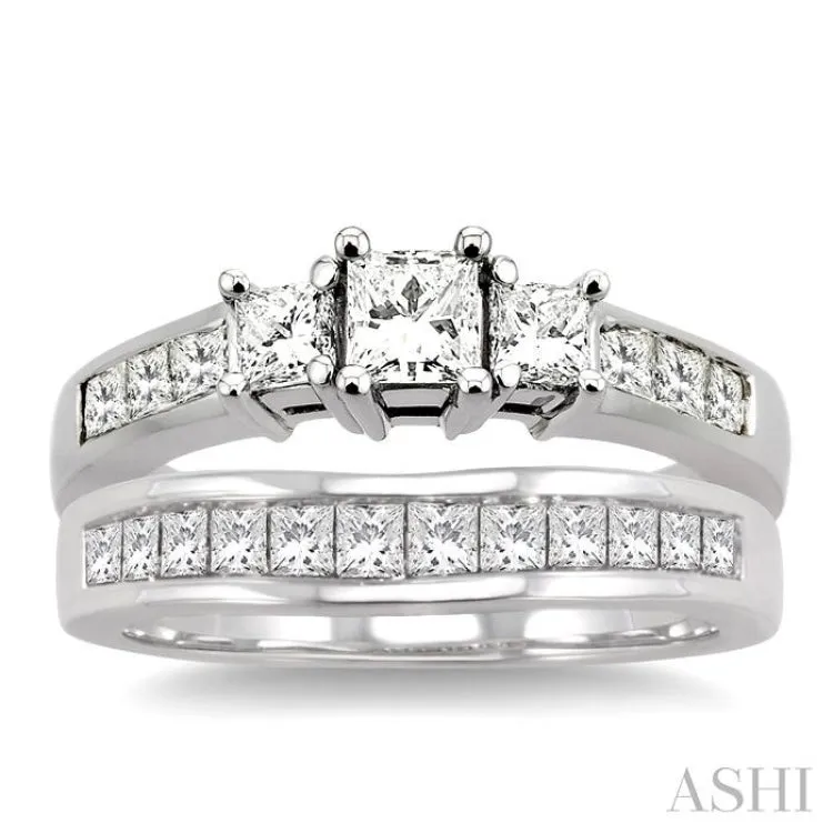 1 1/2 Ctw Diamond Wedding Set with 1 Ctw Princess Cut Engagement Ring and 1/2 Ctw Wedding Band in 14K White Gold