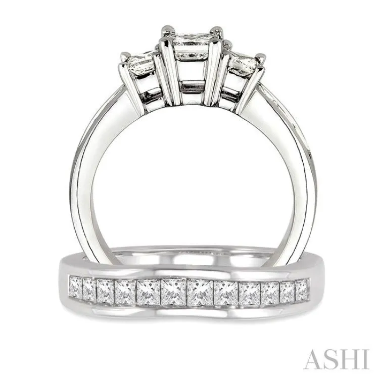 1 1/2 Ctw Diamond Wedding Set with 1 Ctw Princess Cut Engagement Ring and 1/2 Ctw Wedding Band in 14K White Gold