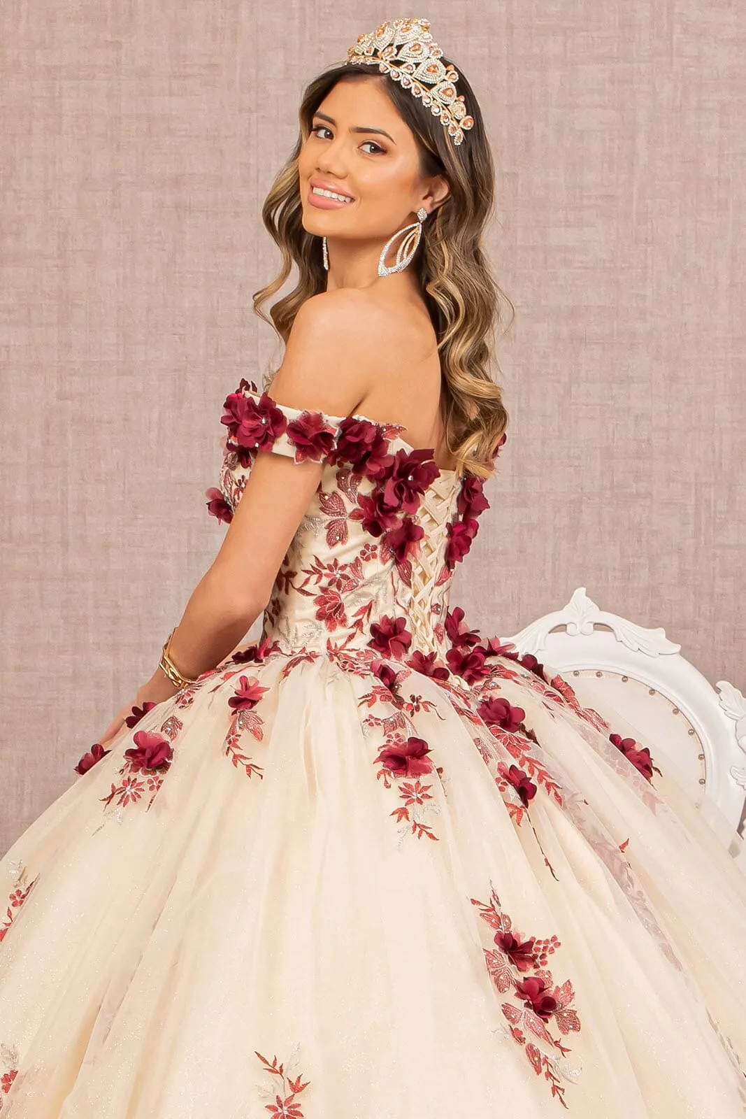 Elizabeth K GL3105 Elegant 3D Floral Off-Shoulder Ball Gown