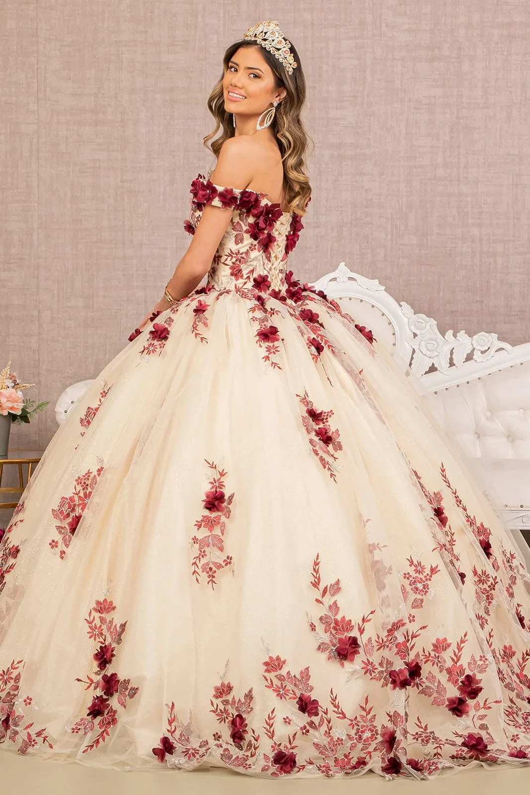 Elizabeth K GL3105 Elegant 3D Floral Off-Shoulder Ball Gown