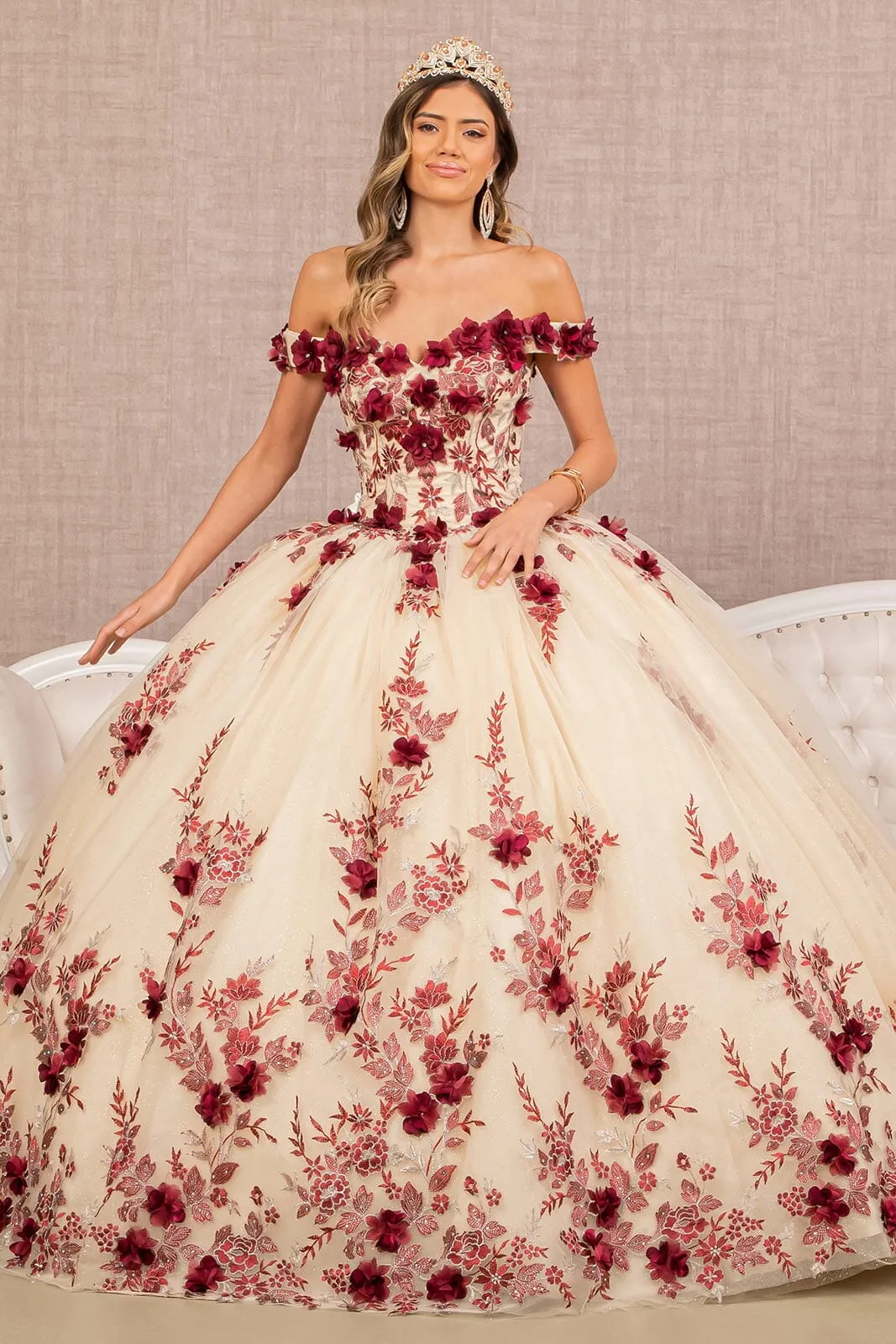 Elizabeth K GL3105 Elegant 3D Floral Off-Shoulder Ball Gown