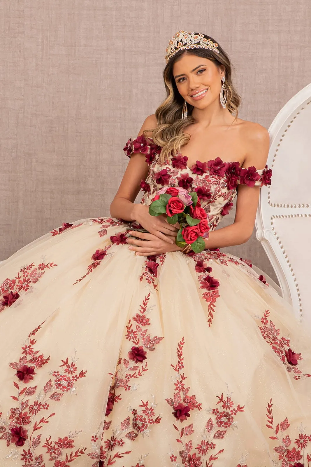 Elizabeth K GL3105 Elegant 3D Floral Off-Shoulder Ball Gown