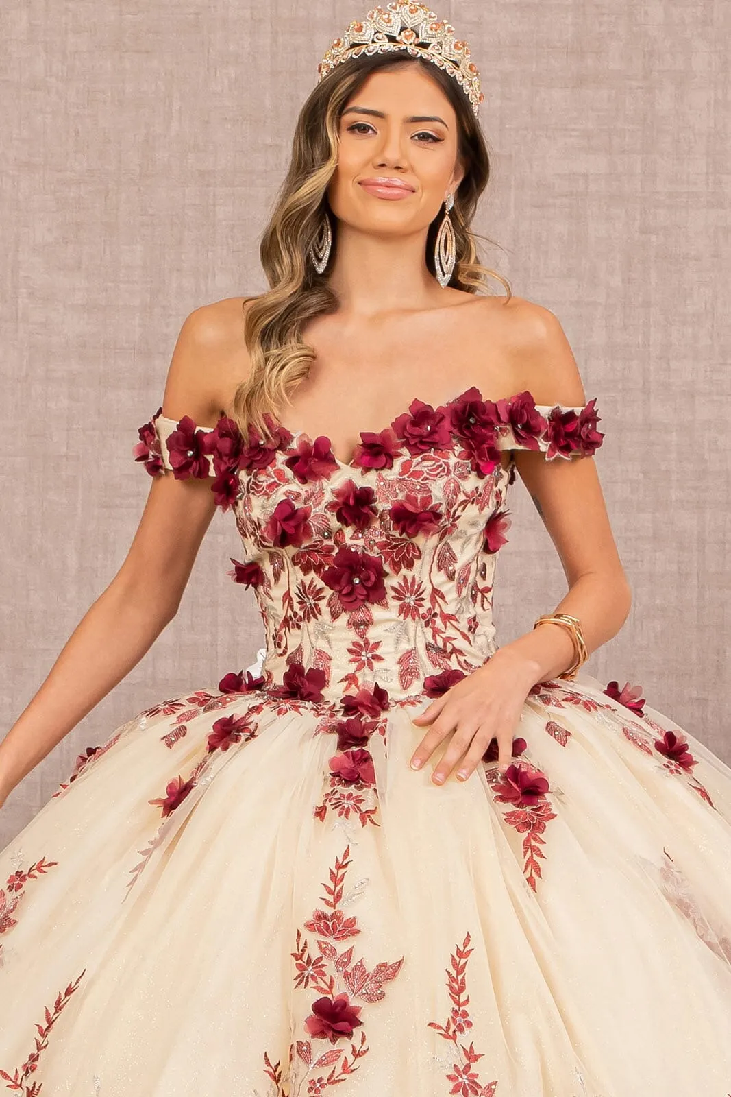 Elizabeth K GL3105 Elegant 3D Floral Off-Shoulder Ball Gown