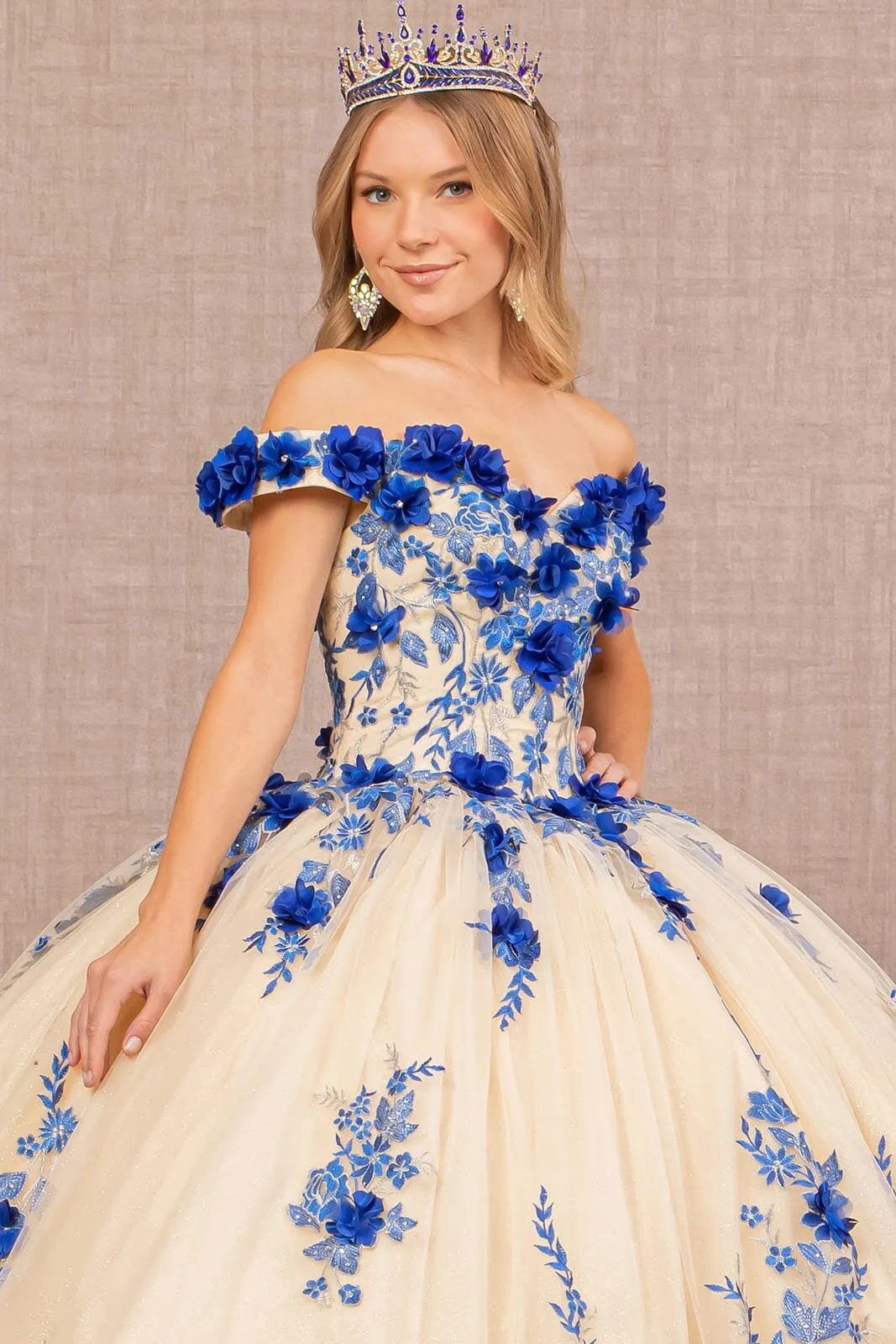 Elizabeth K GL3105 Elegant 3D Floral Off-Shoulder Ball Gown