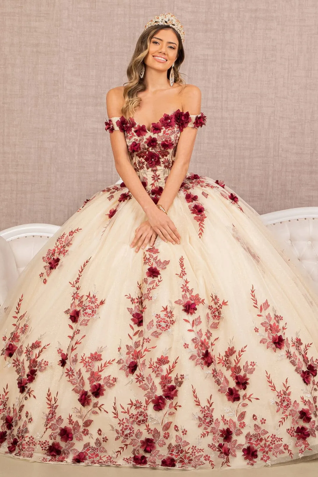 Elizabeth K GL3105 Elegant 3D Floral Off-Shoulder Ball Gown