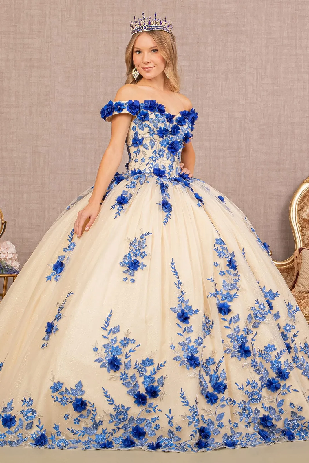 Elizabeth K GL3105 Elegant 3D Floral Off-Shoulder Ball Gown