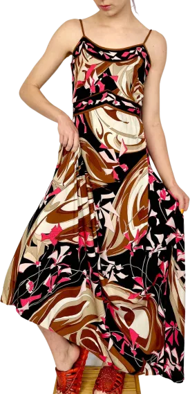 /70s Brown and Red Kaleidoscopic Maxi Strappy Dress by Emilio Pucci