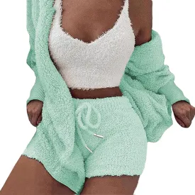 A ADILACA Womens Sexy Warm Fuzzy Fleece 3 Piece Outfits Pajamas, Open Front Cardigan Sleeveless Tops Shorts Nightwear Set