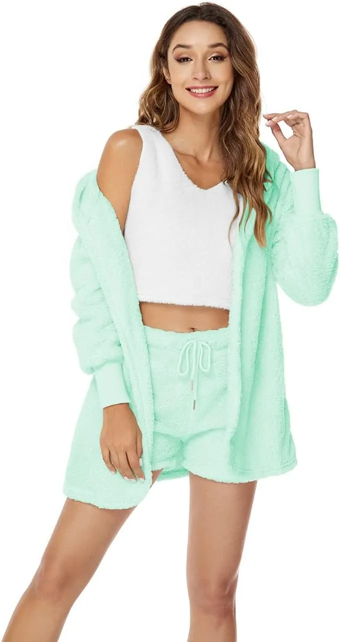 A ADILACA Womens Sexy Warm Fuzzy Fleece 3 Piece Outfits Pajamas, Open Front Cardigan Sleeveless Tops Shorts Nightwear Set