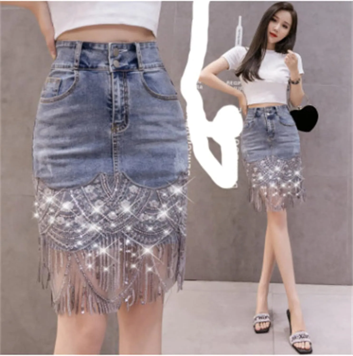 Andongnywell Women's High Waisted Jean Skirt Fringed Slim Fit Denim Mini Skirt Denim Skirt Women Shorts Jean