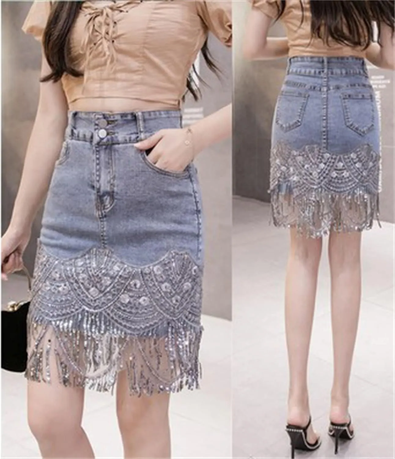 Andongnywell Women's High Waisted Jean Skirt Fringed Slim Fit Denim Mini Skirt Denim Skirt Women Shorts Jean