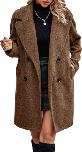 Angashion Women Long Sherpa Coat - Fuzzy Faux Fur Trench Jackets Winter Fleece Button Cardigan with Pockets