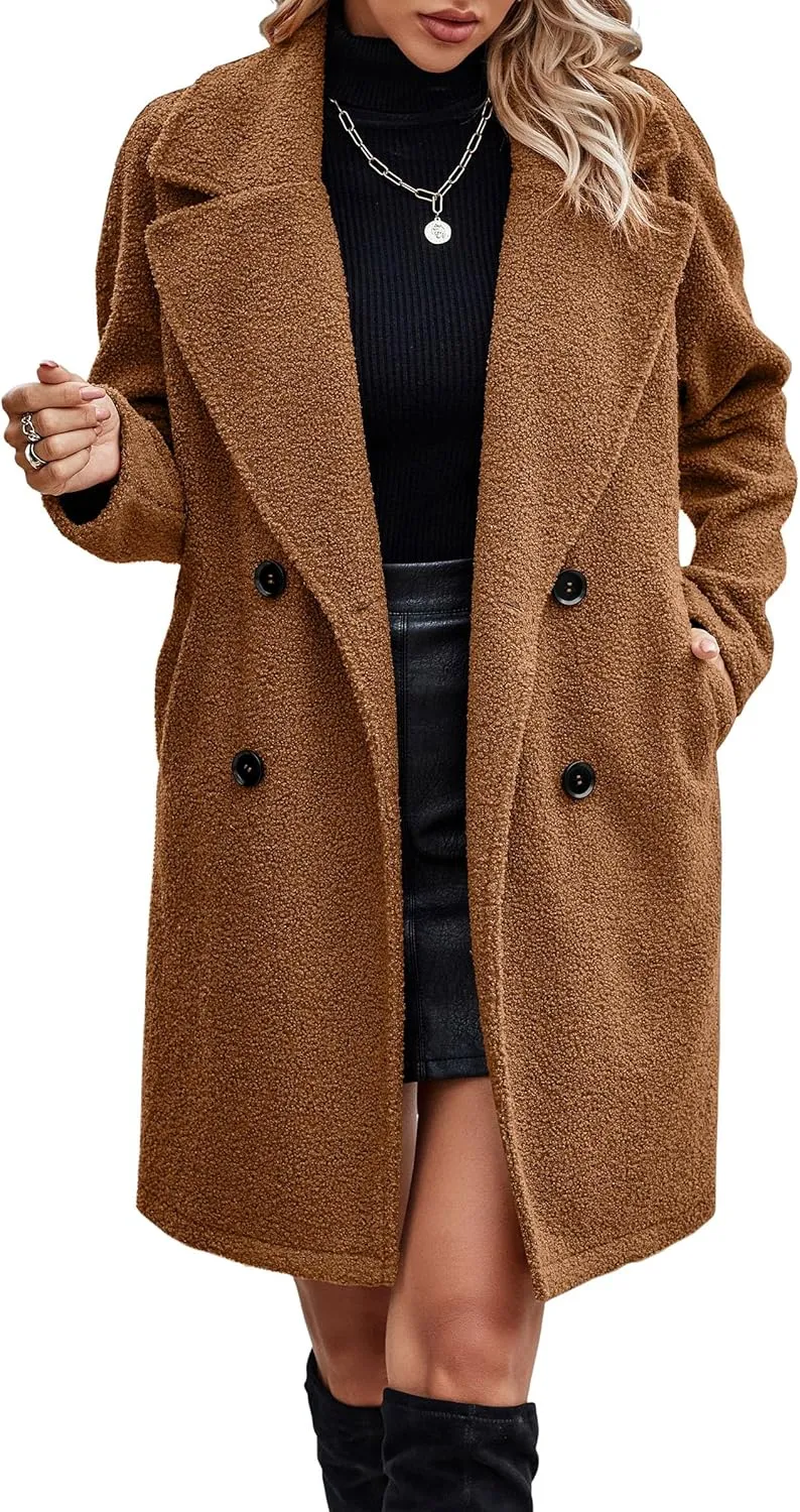 Angashion Women Long Sherpa Coat - Fuzzy Faux Fur Trench Jackets Winter Fleece Button Cardigan with Pockets