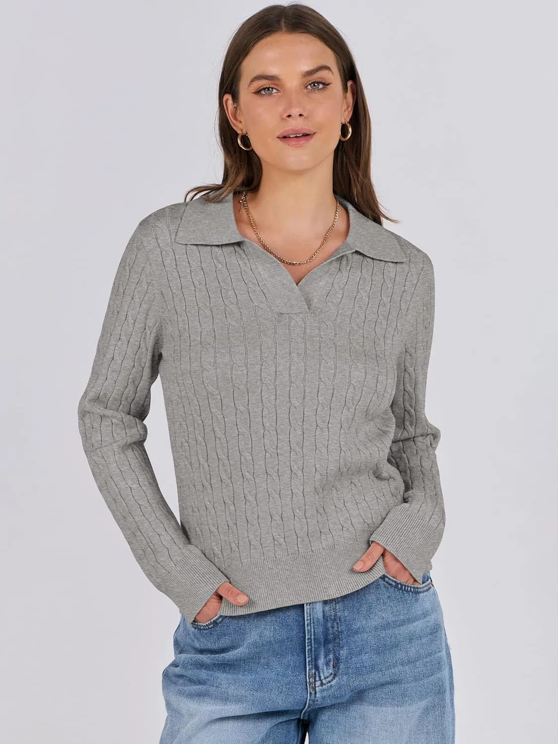 ANRABESS Womens Cable Knit Sweaters Long Sleeve V Neck Sweater Tops Casual Pullover Polo Shirts 2024 Fall Fashion Outfits