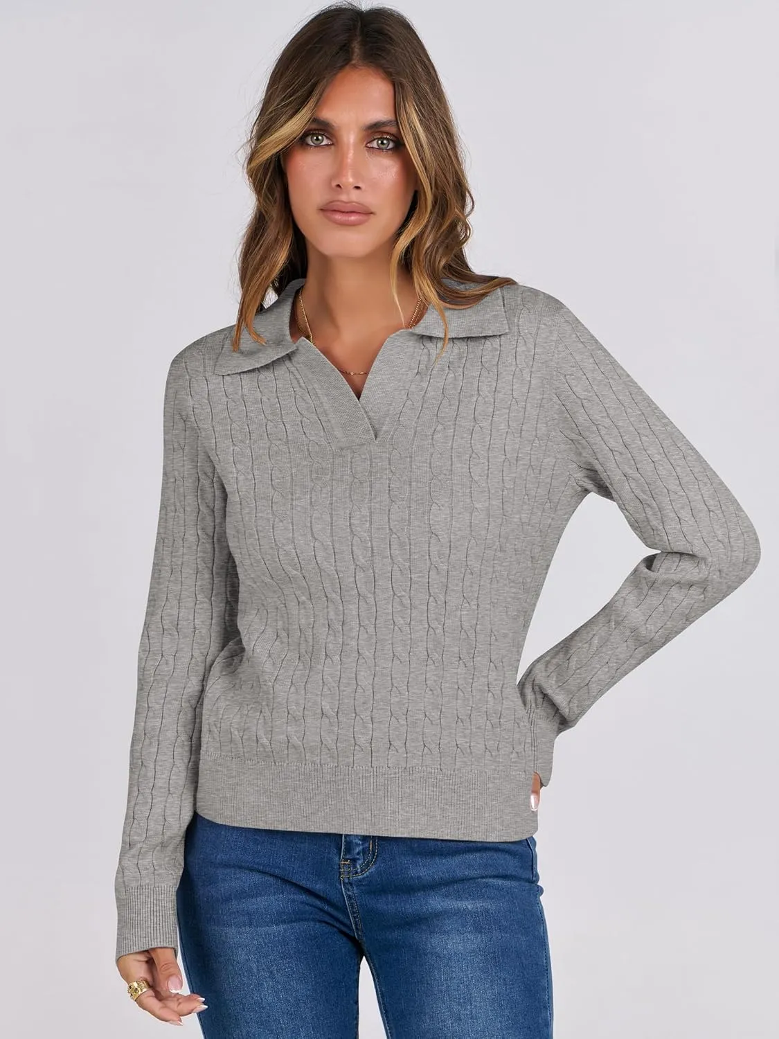 ANRABESS Womens Cable Knit Sweaters Long Sleeve V Neck Sweater Tops Casual Pullover Polo Shirts 2024 Fall Fashion Outfits