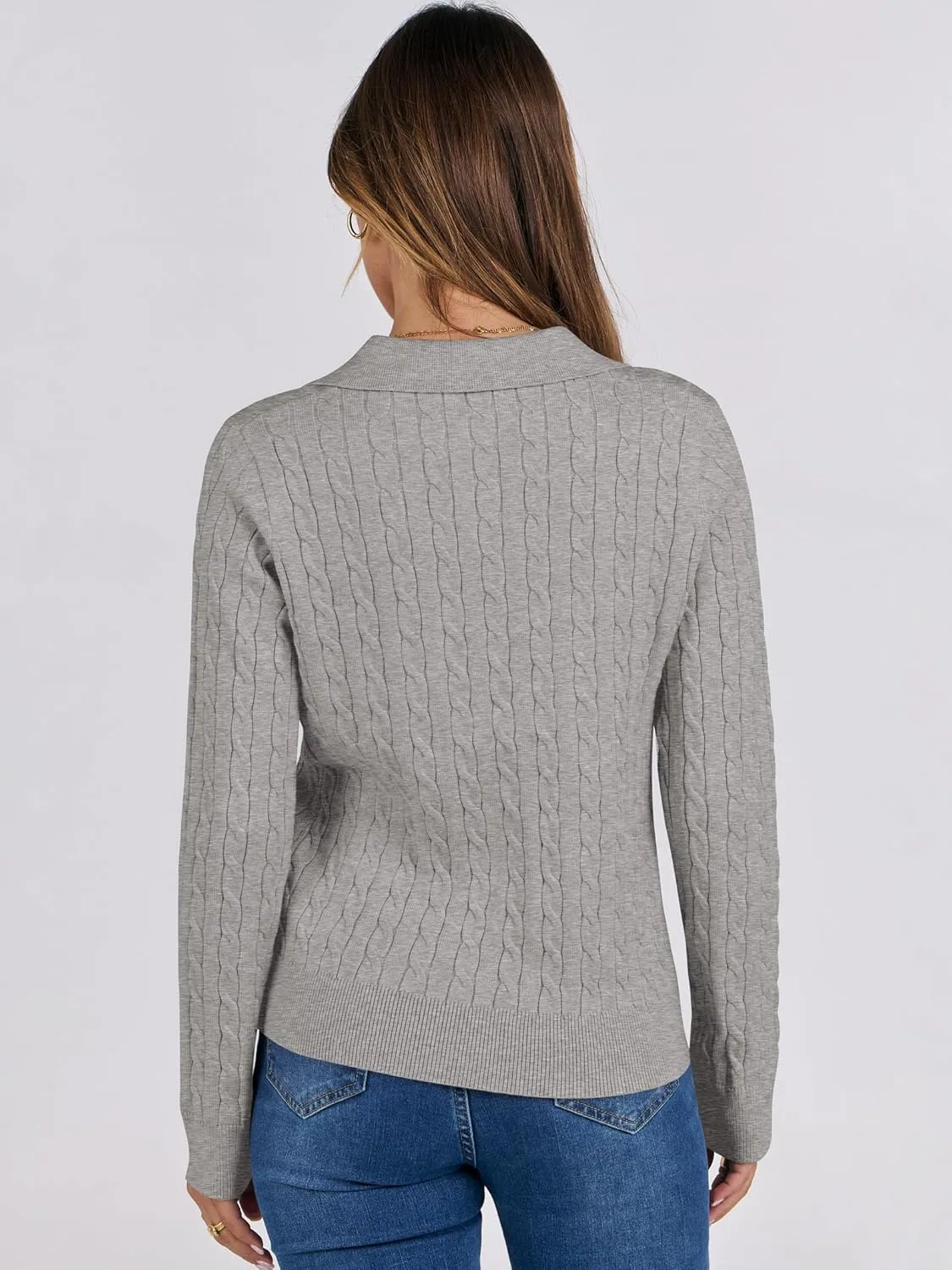 ANRABESS Womens Cable Knit Sweaters Long Sleeve V Neck Sweater Tops Casual Pullover Polo Shirts 2024 Fall Fashion Outfits