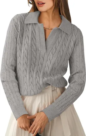 ANRABESS Womens Cable Knit Sweaters Long Sleeve V Neck Sweater Tops Casual Pullover Polo Shirts 2024 Fall Fashion Outfits