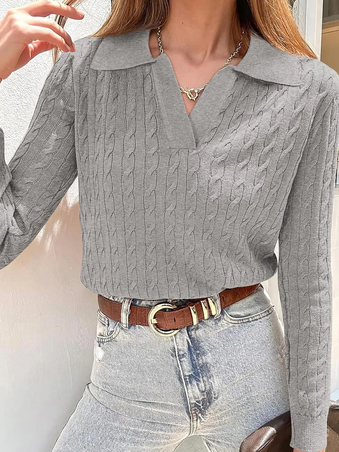 ANRABESS Womens Cable Knit Sweaters Long Sleeve V Neck Sweater Tops Casual Pullover Polo Shirts 2024 Fall Fashion Outfits