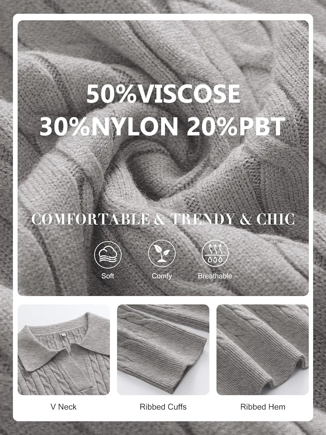 ANRABESS Womens Cable Knit Sweaters Long Sleeve V Neck Sweater Tops Casual Pullover Polo Shirts 2024 Fall Fashion Outfits