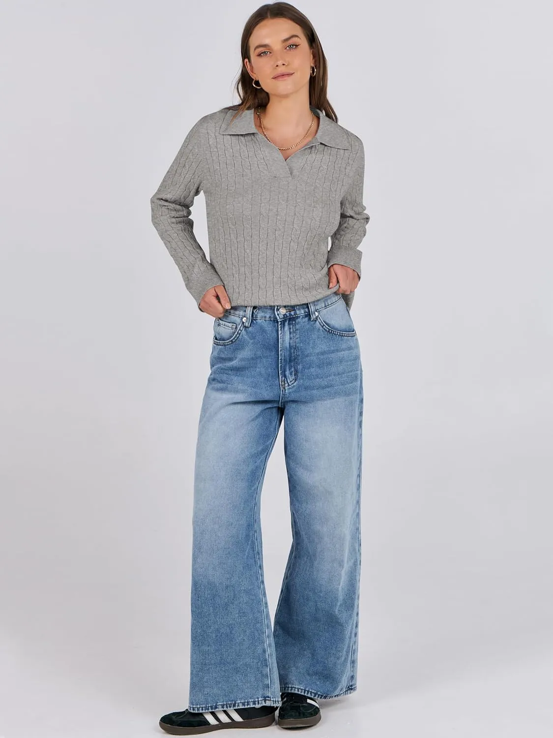 ANRABESS Womens Cable Knit Sweaters Long Sleeve V Neck Sweater Tops Casual Pullover Polo Shirts 2024 Fall Fashion Outfits