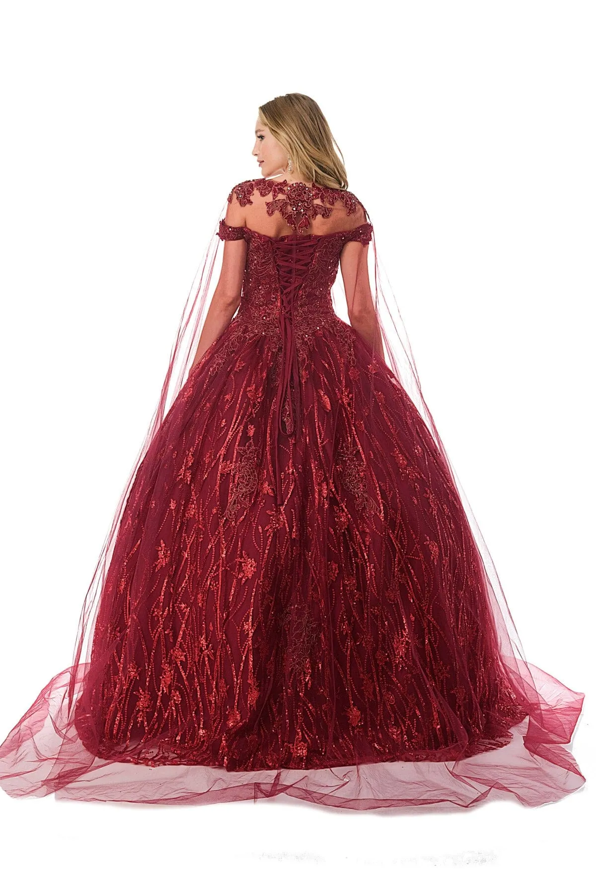 Applique Off Shoulder Cape Ball Gown by Coya L2804C