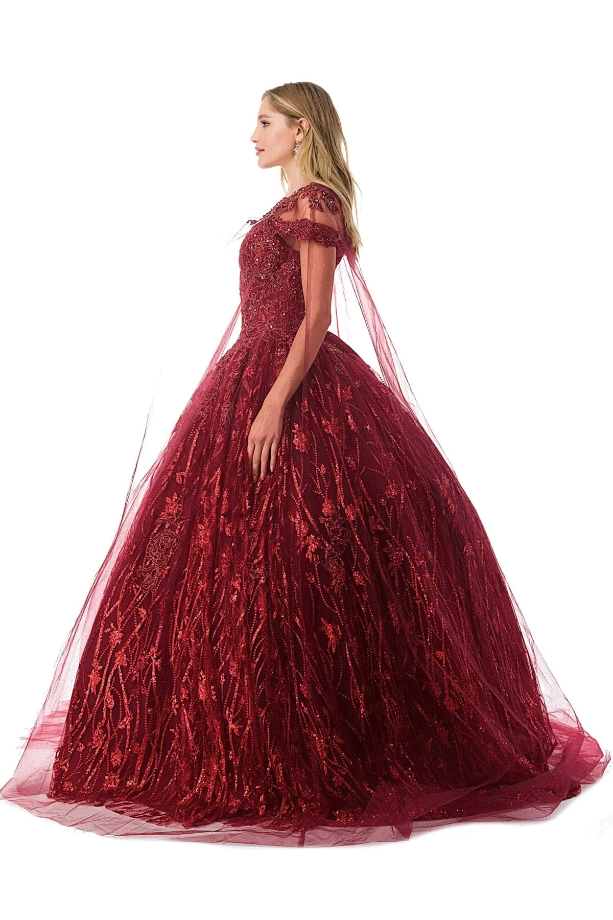 Applique Off Shoulder Cape Ball Gown by Coya L2804C