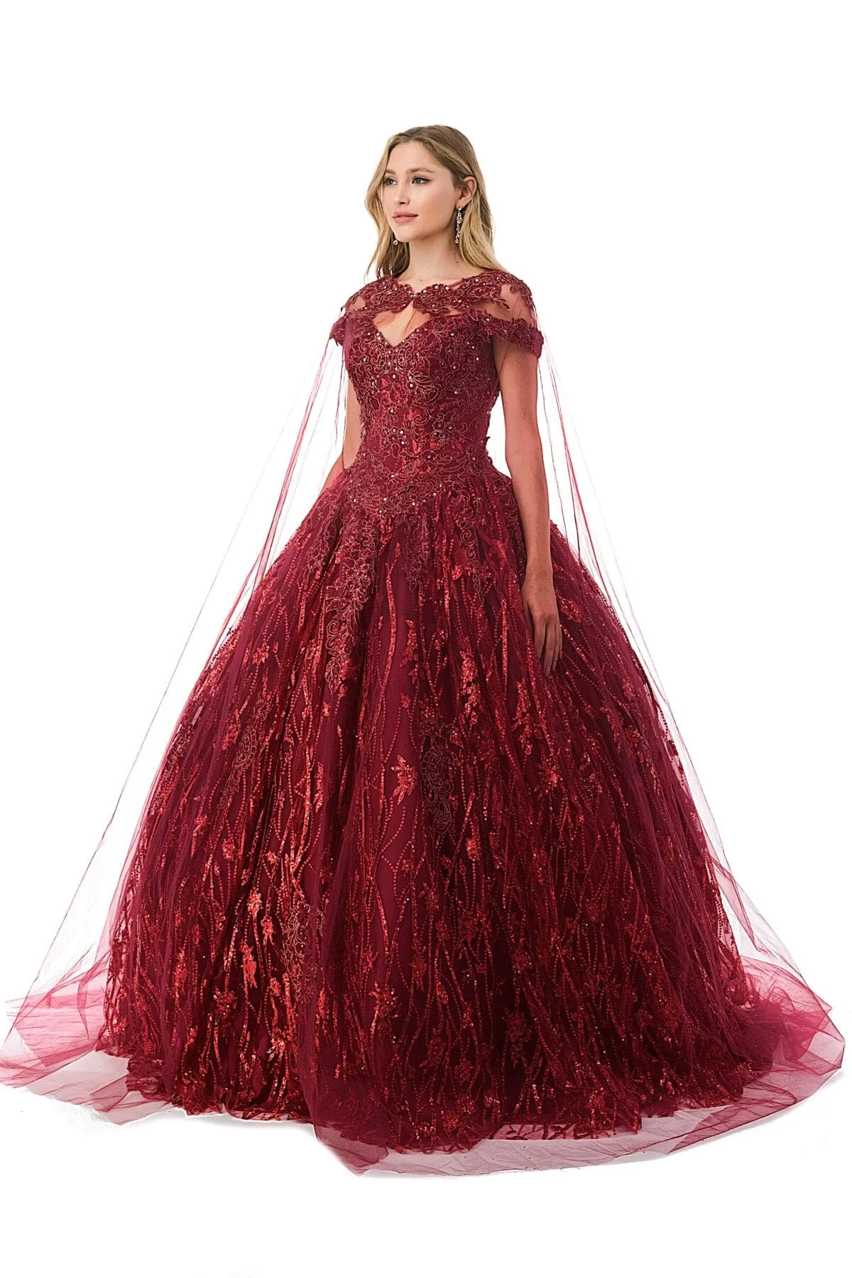 Applique Off Shoulder Cape Ball Gown by Coya L2804C