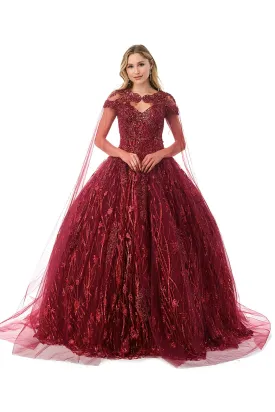 Applique Off Shoulder Cape Ball Gown by Coya L2804C
