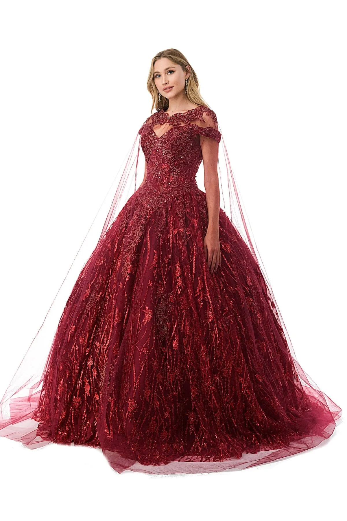 Applique Off Shoulder Cape Ball Gown by Coya L2804C