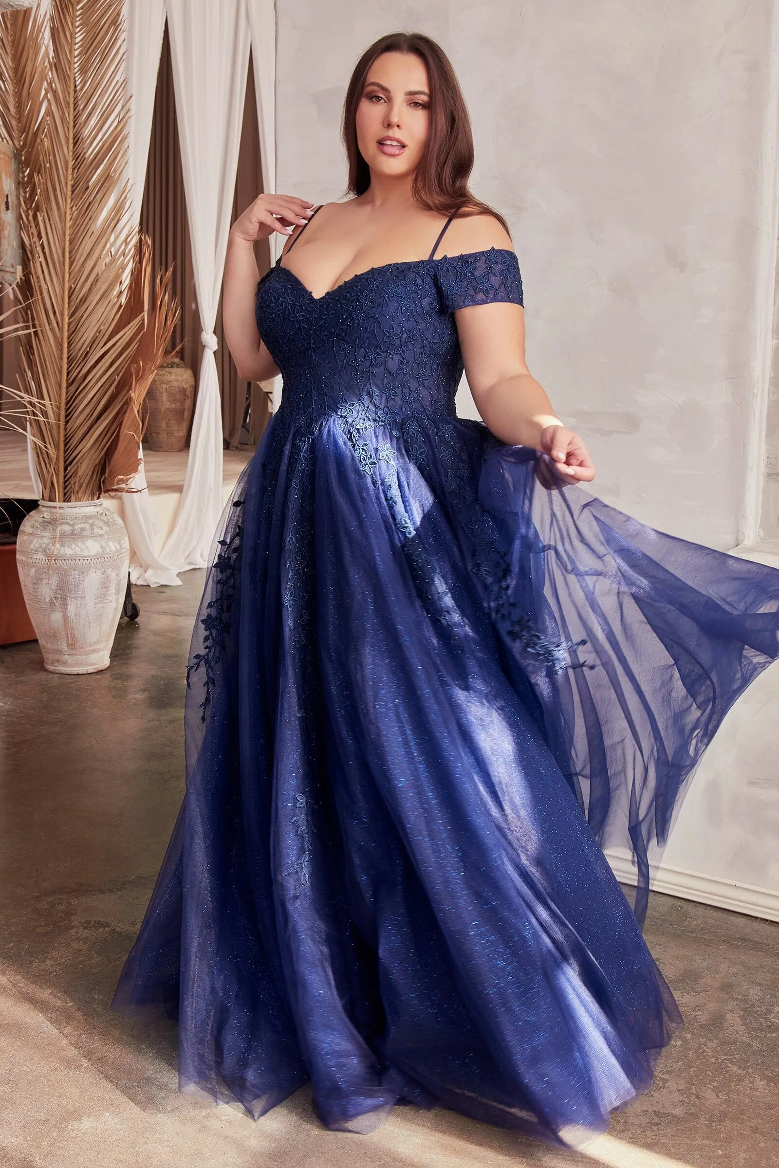 Applique Off Shoulder Tulle Slit Gown by Ladivine C154