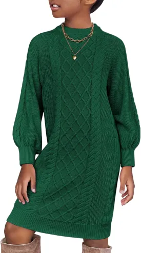 Arshiner Girl's Sweater Dress Puff Long Sleeve Casual Cable Knit Pullover Fall Dresses for 6-12 Years