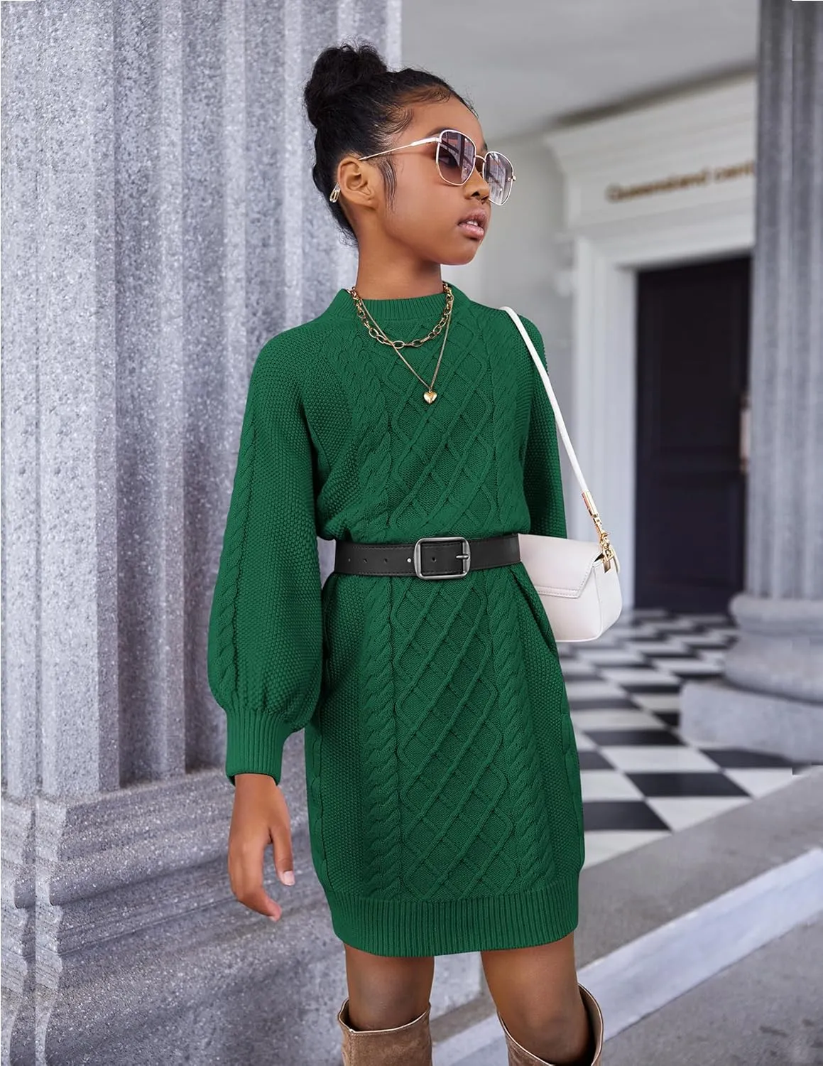 Arshiner Girl's Sweater Dress Puff Long Sleeve Casual Cable Knit Pullover Fall Dresses for 6-12 Years