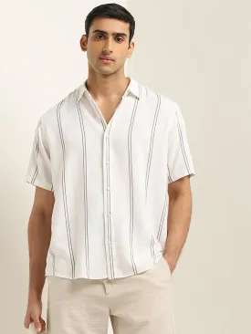 Ascot White Striped Printed Relaxed-Fit Blended Linen Shirt