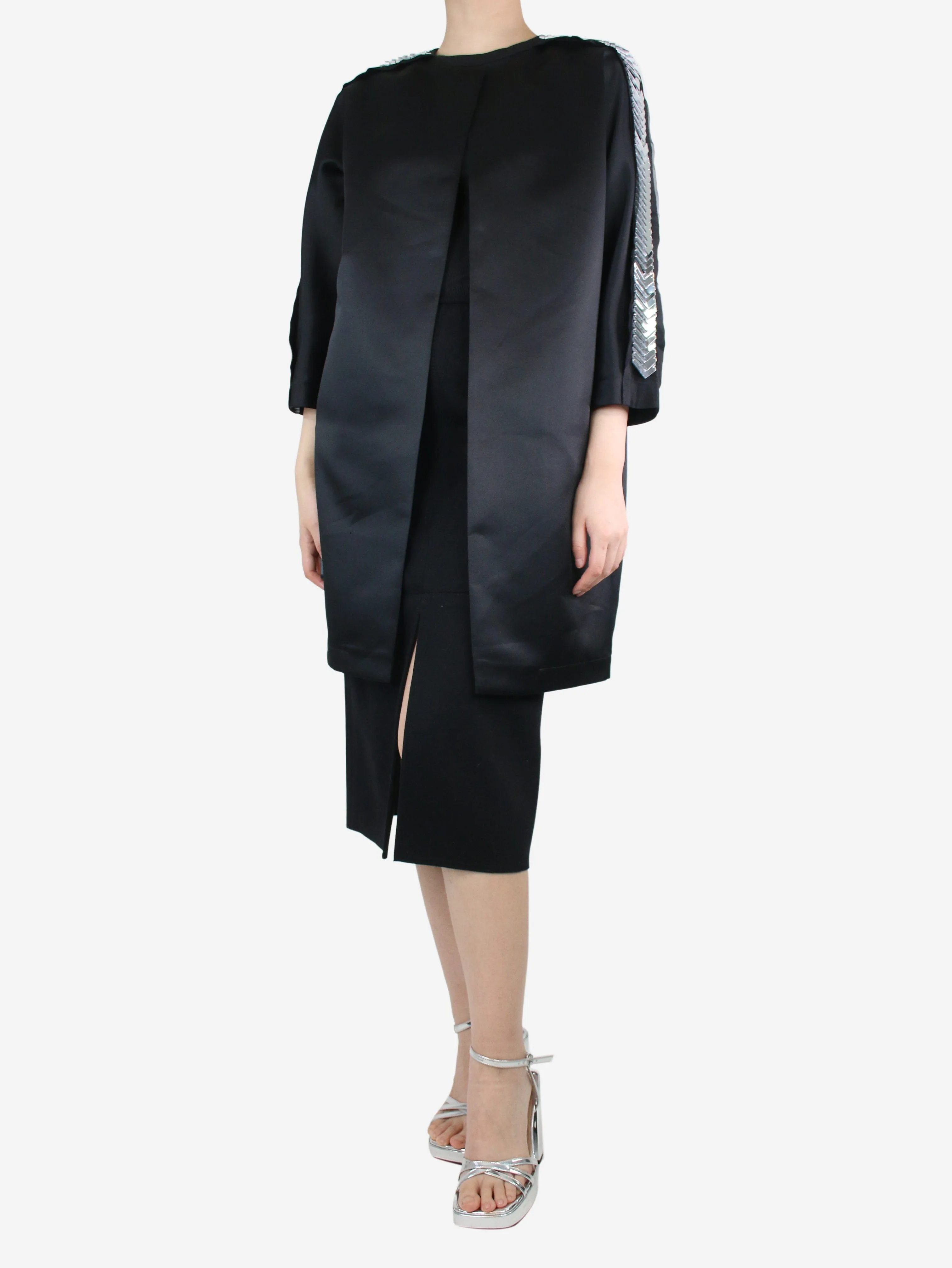 Black embellished satin coat - size UK 10