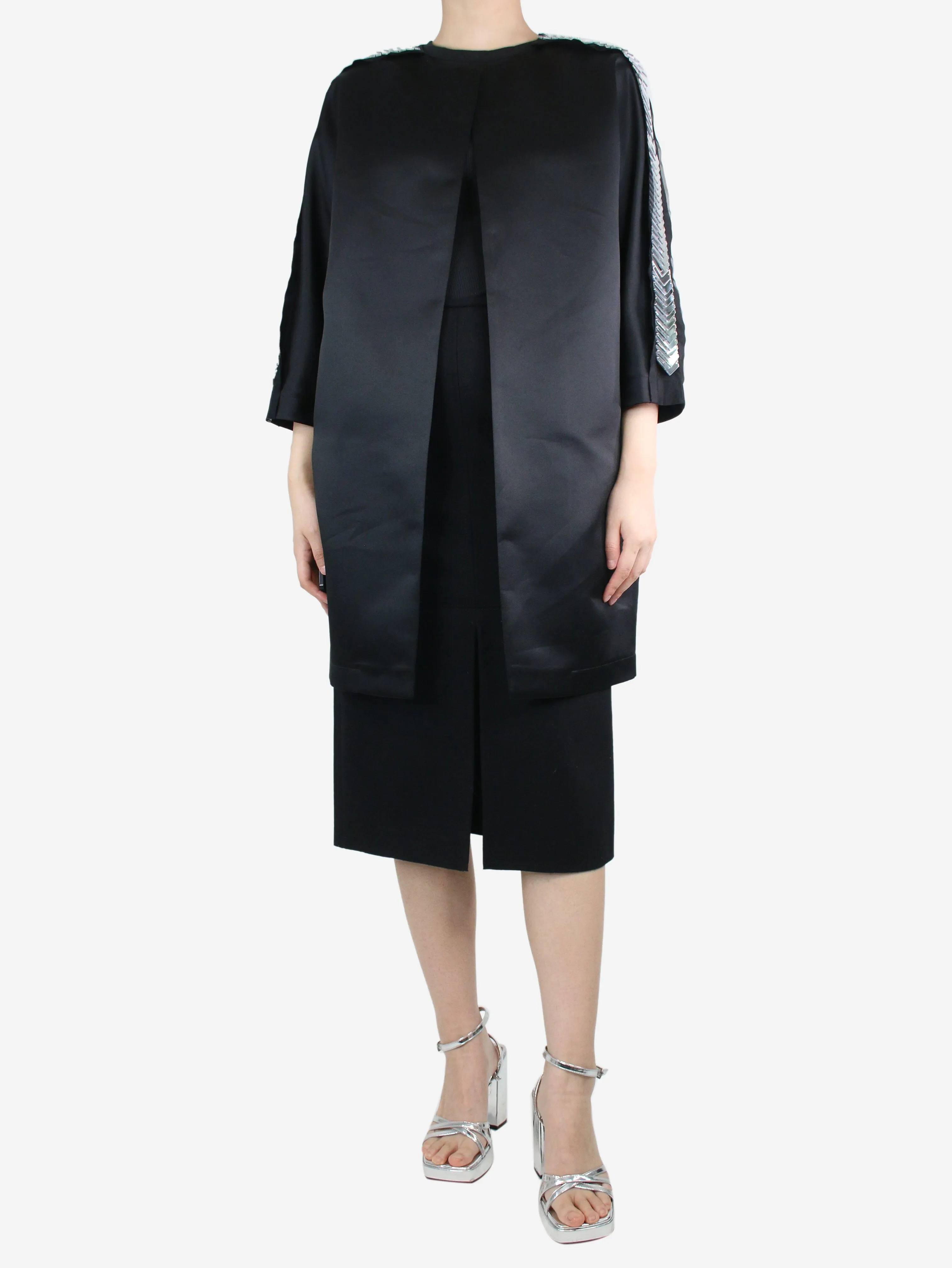 Black embellished satin coat - size UK 10