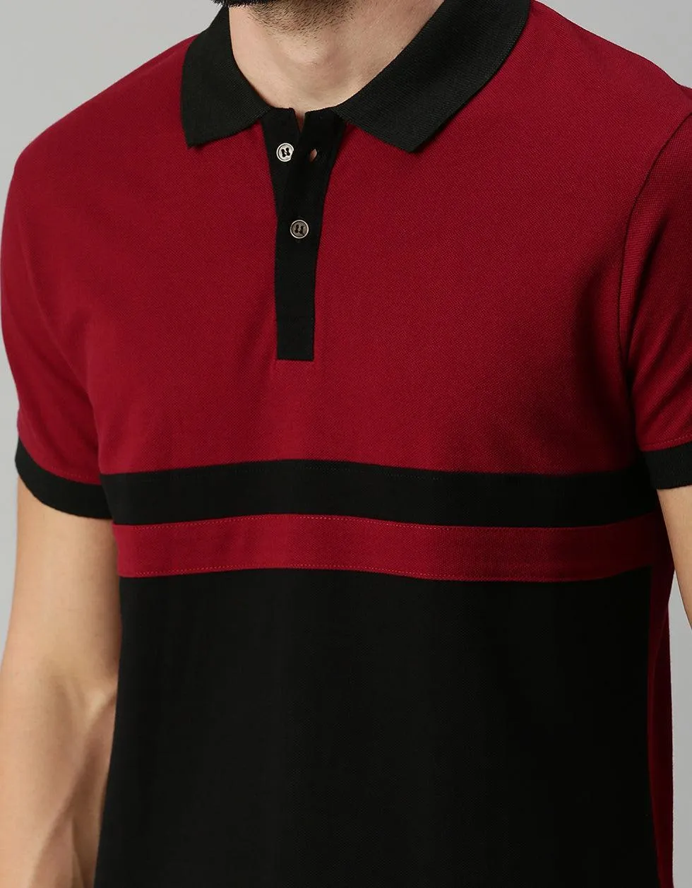 Black Maroon Colorblock Printed Polo T-shirt