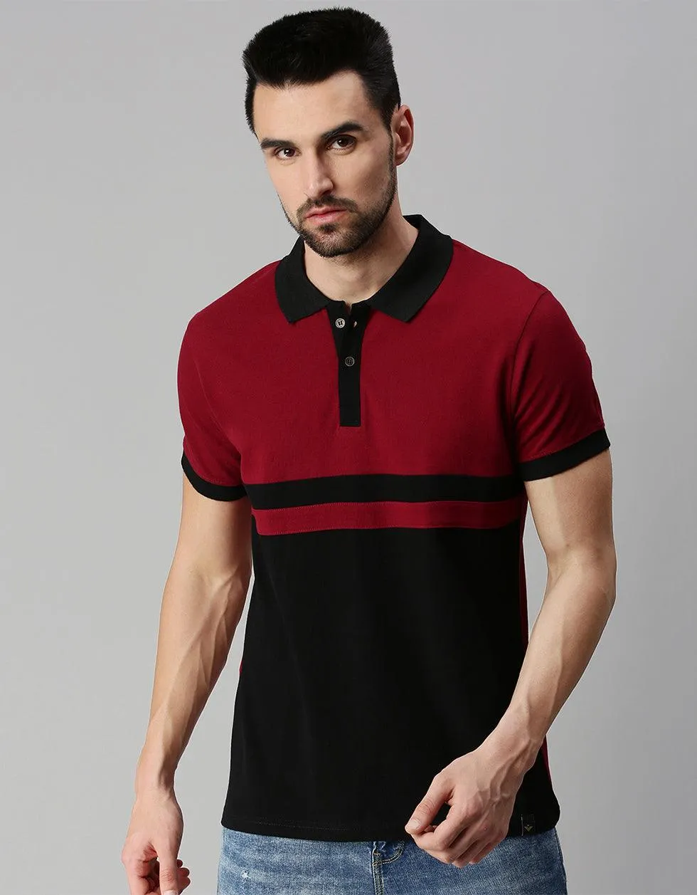 Black Maroon Colorblock Printed Polo T-shirt