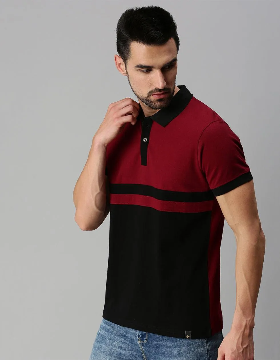 Black Maroon Colorblock Printed Polo T-shirt
