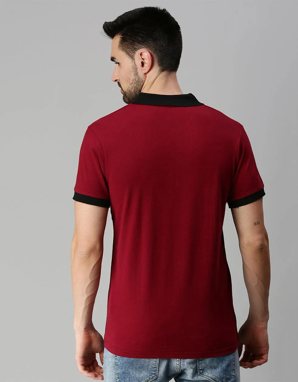 Black Maroon Colorblock Printed Polo T-shirt