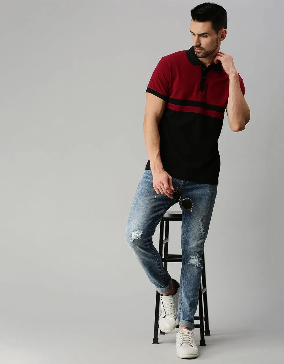 Black Maroon Colorblock Printed Polo T-shirt