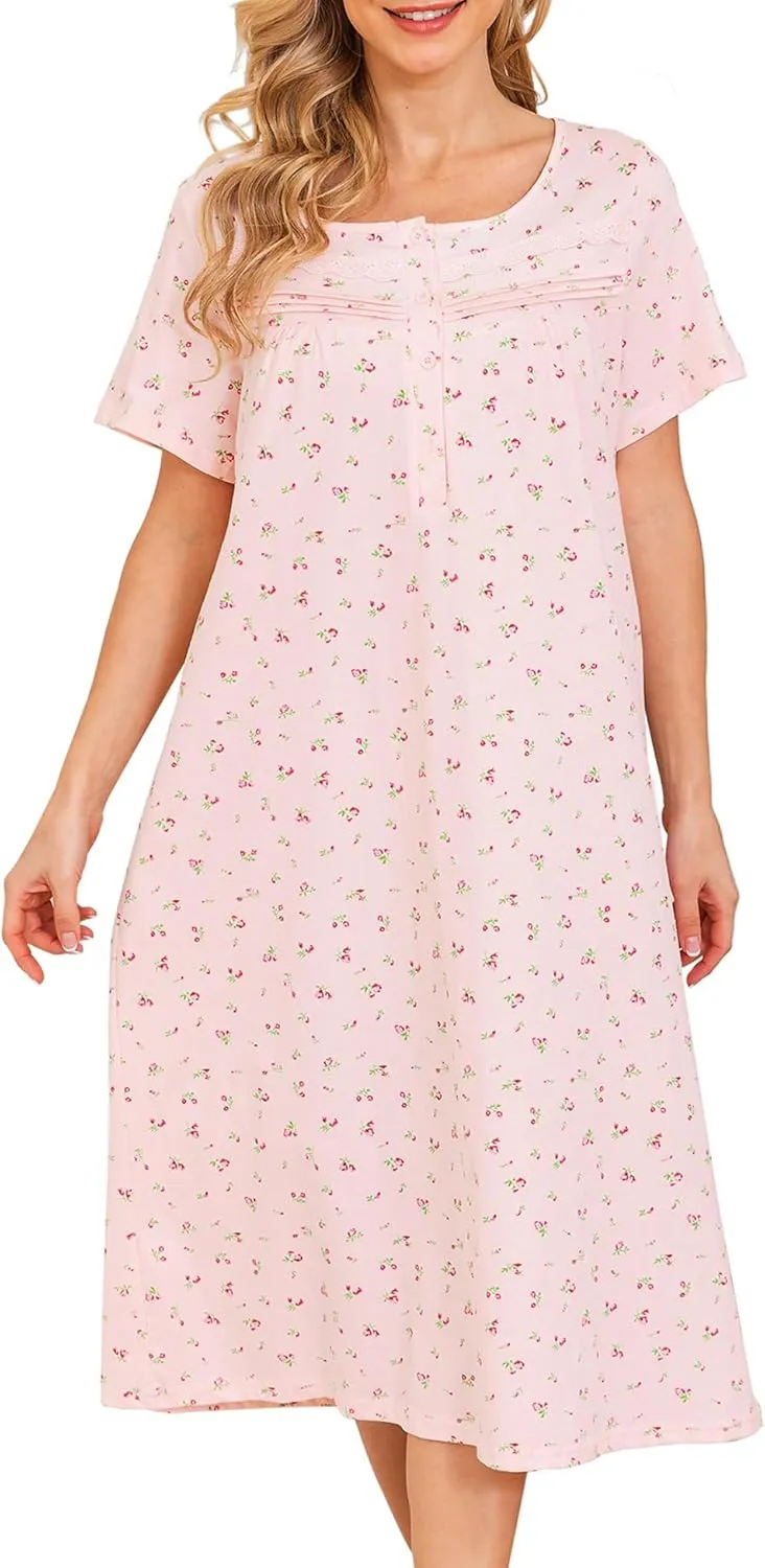 Bloggerlove Nightgowns for Women Soft 100% Cotton House Dress Short/Long Sleeve Night Gowns Comfy Sleepwear S-3XL