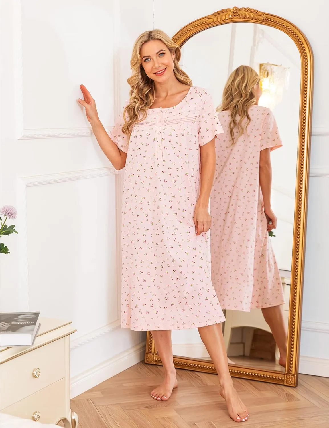 Bloggerlove Nightgowns for Women Soft 100% Cotton House Dress Short/Long Sleeve Night Gowns Comfy Sleepwear S-3XL