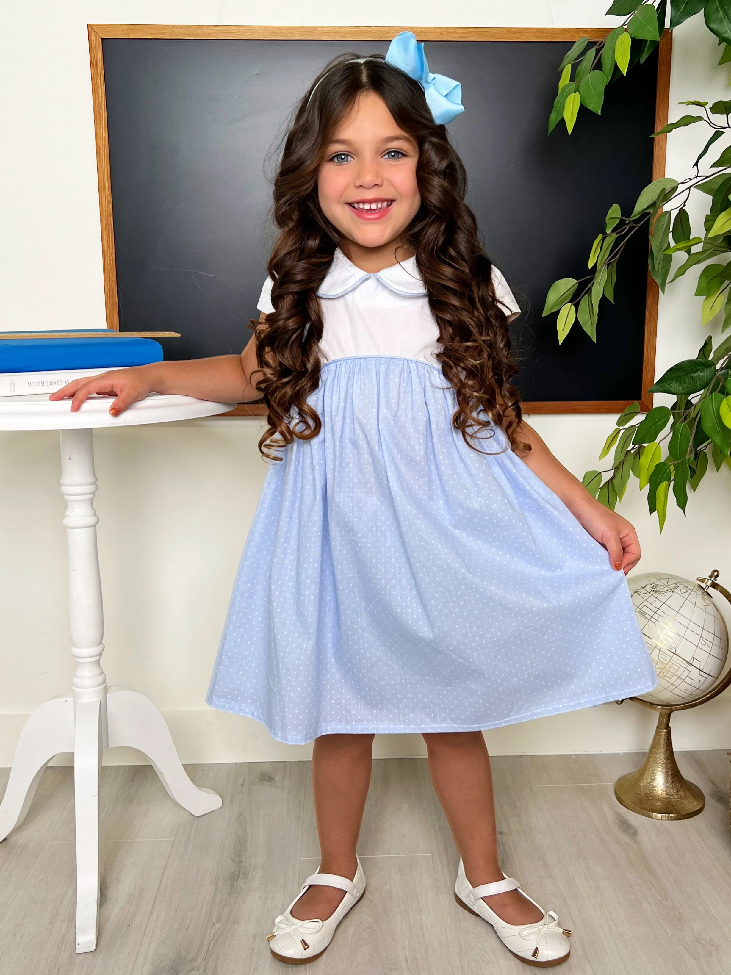 Blue Peter Pan Collared Polka Dot Dress by Kids Couture
