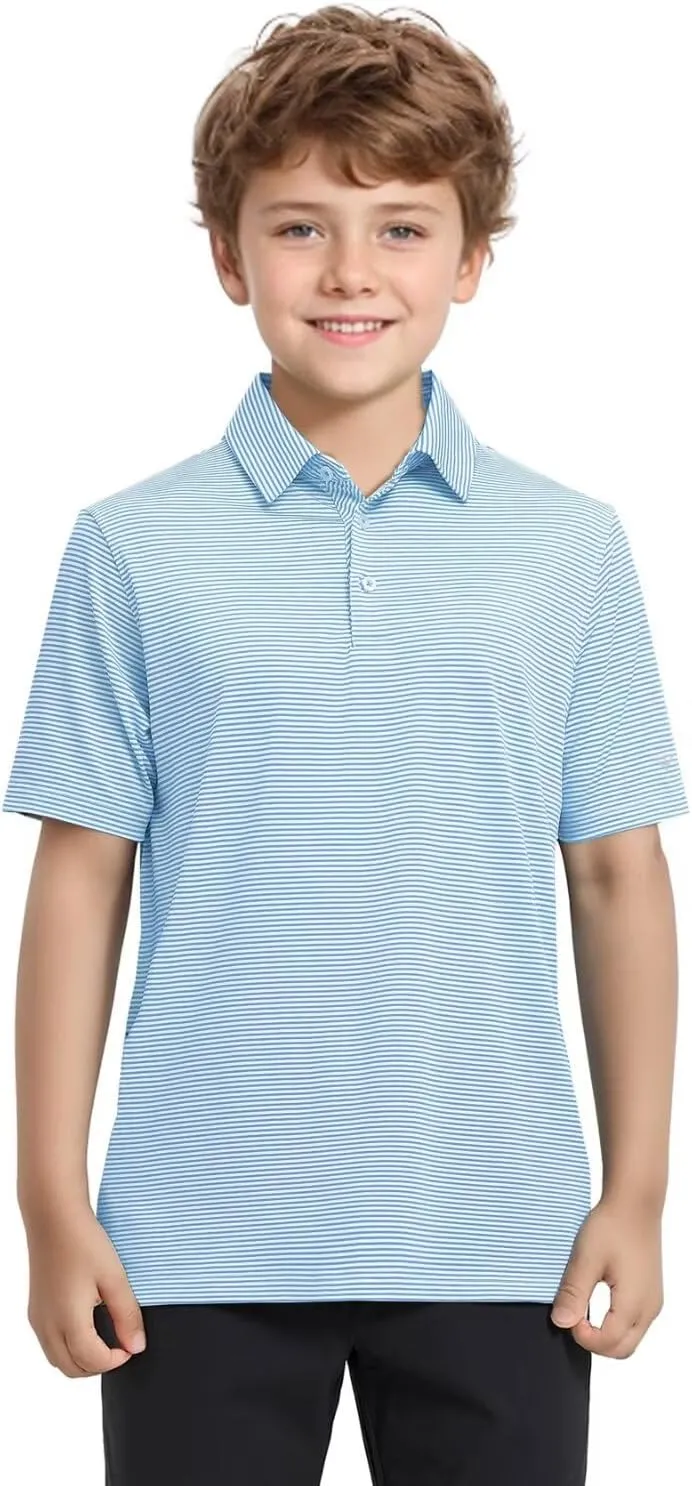 Boys Polo Shirts Short Sleeve Striped Performance Moisture Wicking Dry Fit Golf Shirts for Boys Youth Kids