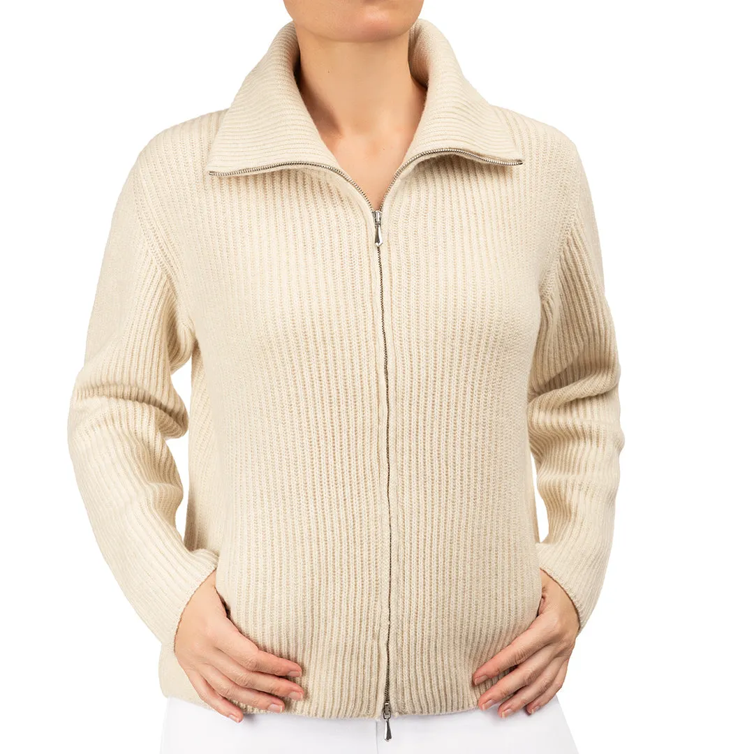 Cashmere & Wool Rib Zip Cardigan in Latte