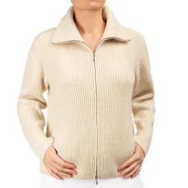 Cashmere & Wool Rib Zip Cardigan in Latte