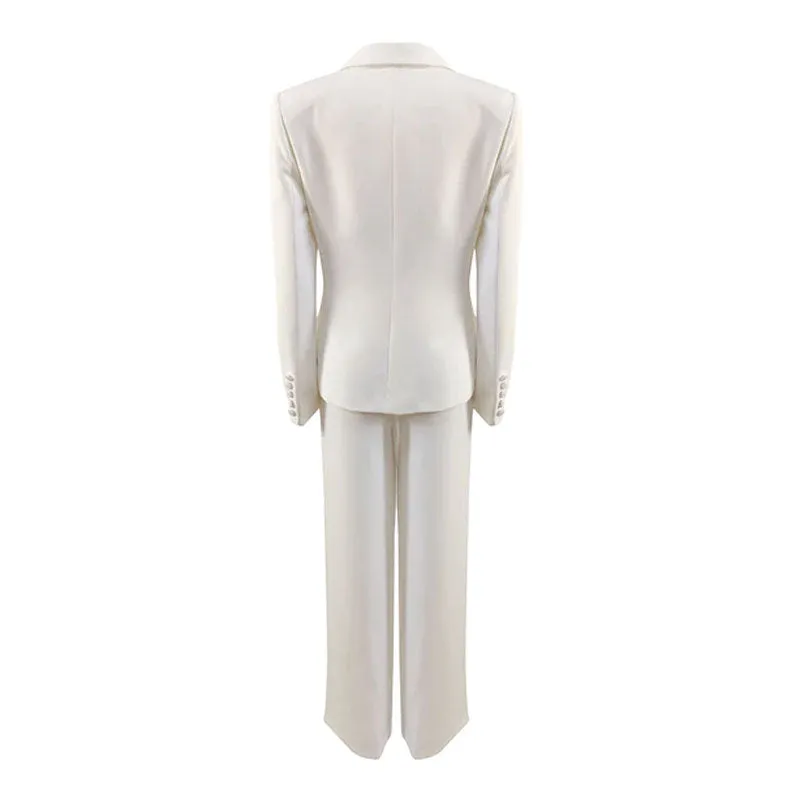 Chic Tie Front Blazer Pleated Zip Embellished Pant Matching Set - White