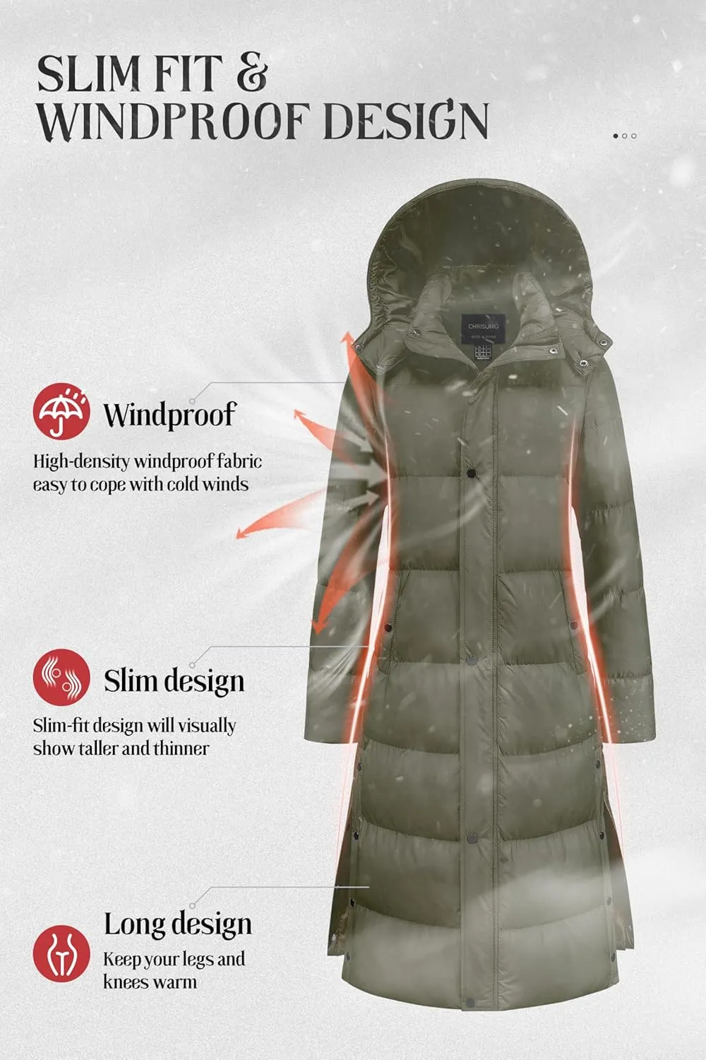Chrisuno Women's Long Winter Coat Warm Windproof Quilted Puffer Jacket Thicken Puffy Parka With Hood