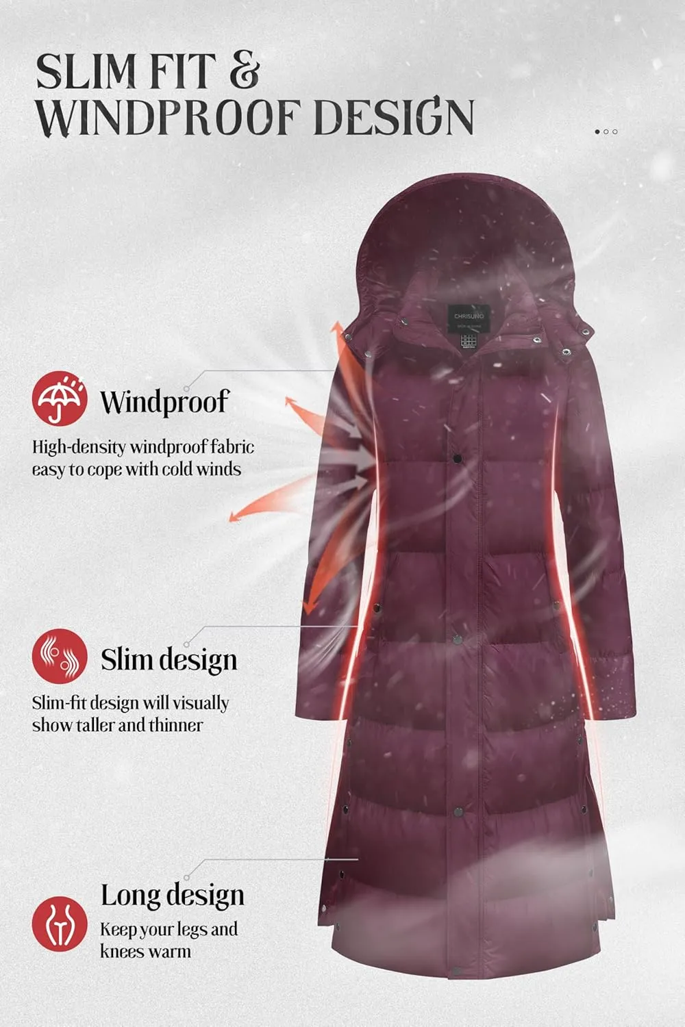 Chrisuno Women's Long Winter Coat Warm Windproof Quilted Puffer Jacket Thicken Puffy Parka With Hood