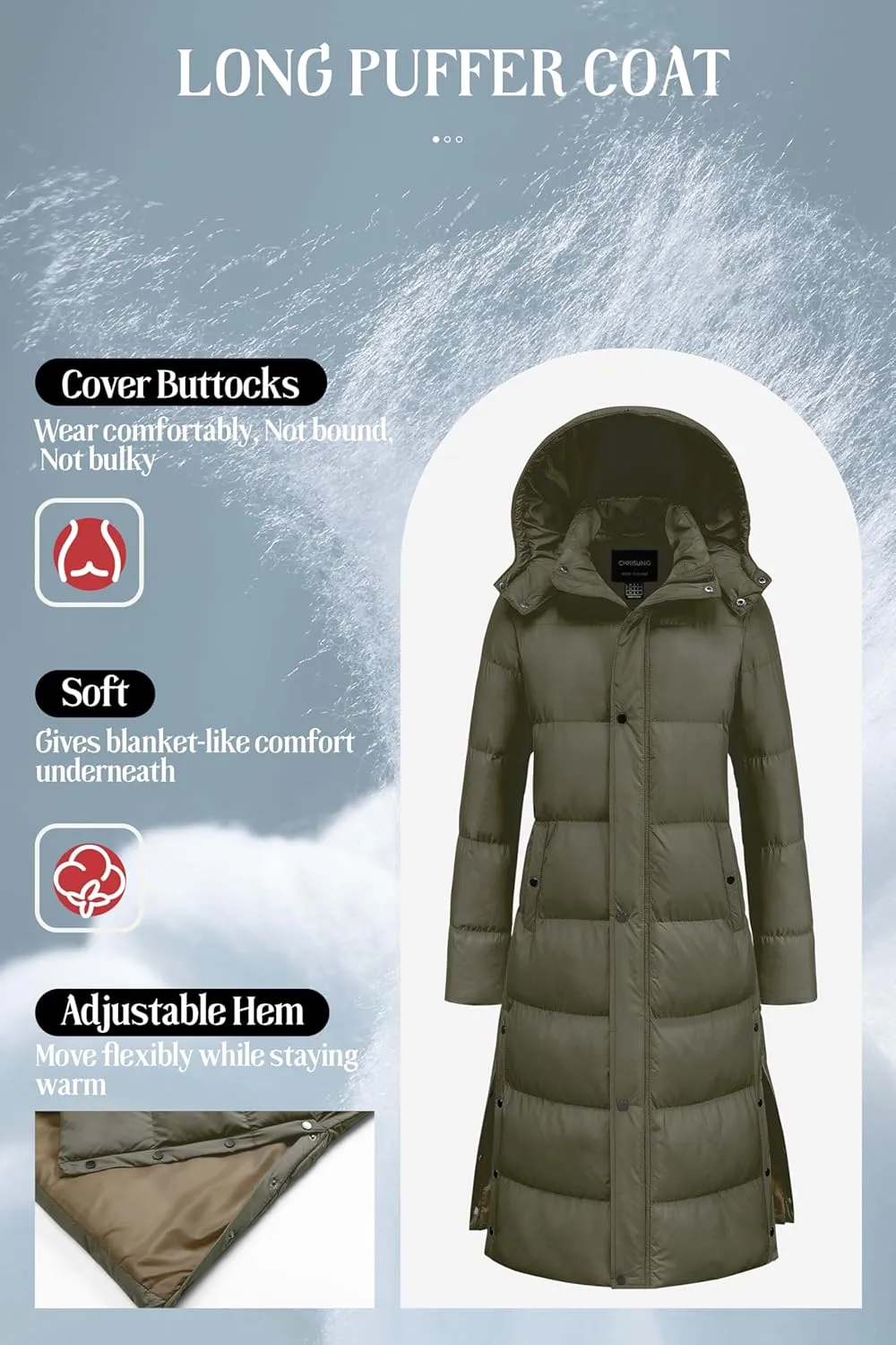 Chrisuno Women's Long Winter Coat Warm Windproof Quilted Puffer Jacket Thicken Puffy Parka With Hood